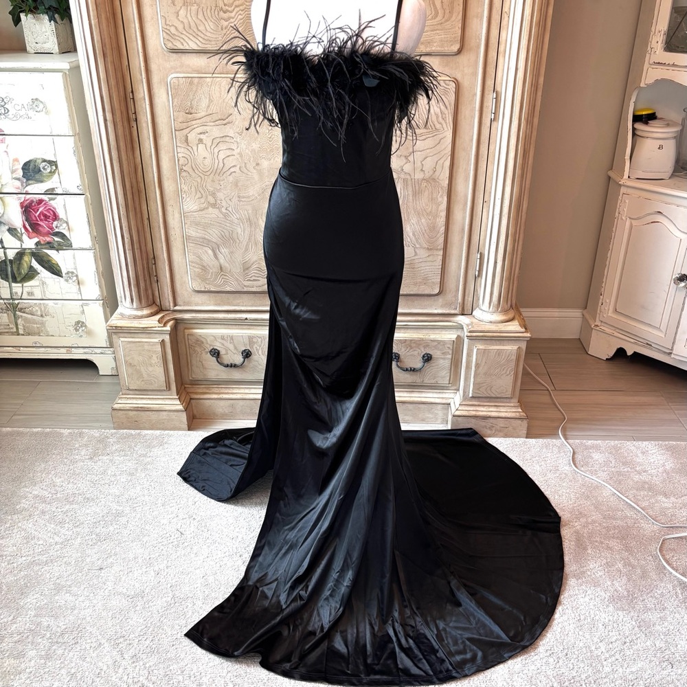 NEW Black Satin Dress with Feathers, Black Dress, Prom Dress, NWOT, Size XL